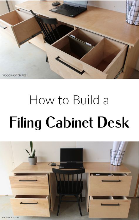 Diy Built In Desk With Filing Cabinets, Desk Woodworking Plans, Filing Cabinet Desk, Desk Modular, Diy Built In Desk, Wooden Filing Cabinet, Filing Drawers, Woodshop Diaries, Diy File Cabinet