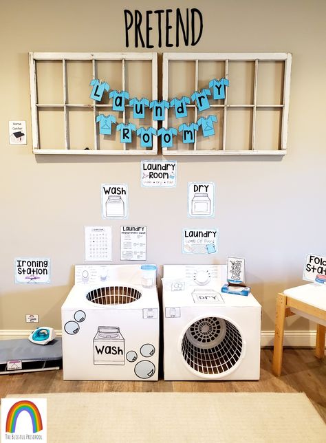 https://www.teacherspayteachers.com/Product/Laundry-Room-Dramatic-Play-9295849?st=2da1a2a871f98623fa09a0899ceae01b Preschool Classroom Play Areas, Teacher Dramatic Play Center, Laundry Preschool Activities, My Home And Family Dramatic Play, Dramatic Play Costumes Diy, Cleaning Dramatic Play Center, Dramatic Play Washer And Dryer, Dramatic Play Decor, Laundry Room Dramatic Play Ideas