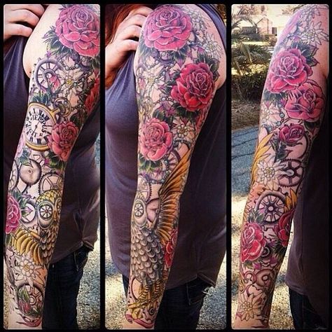 Love love love this sleeve! Ed Hardy Tattoos, Sleeve Tattoo, Ed Hardy, Sleeve Tattoos, Tatting, Kimono Top, Tattoos, Women's Top