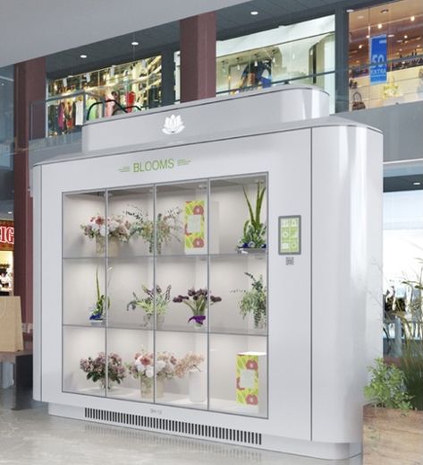 Flower Shop Kiosk Design, Walk In Flower Cooler, Flower Vending Machine, Flower Cooler Display Florists, Modern Vending Machine Design, Flower Stall, Flower Shelf, Floral Bar, Flower Shop Interiors