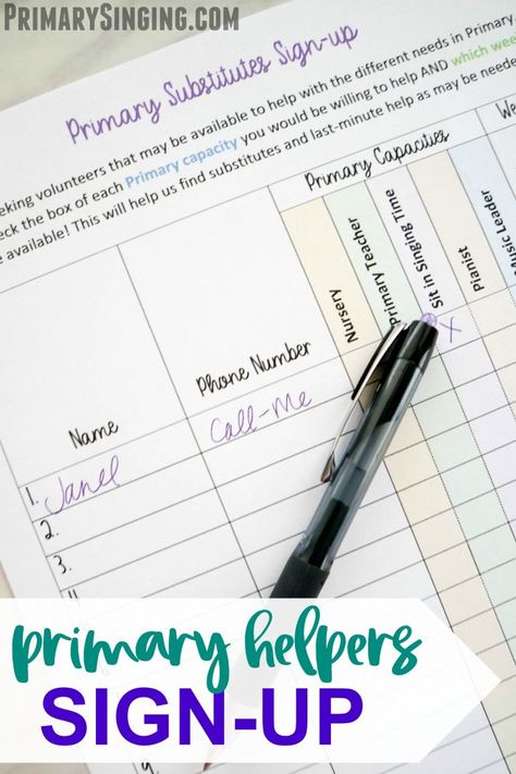 Primary Volunteers Sign-Up Sheet - free printable to help you find willing helpers to assist in Primary! With spots to check for nursery, singing time, pianist, and more! Plus, let them pick the week to fit with the Come, Follow Me schedule. #lds #primary #singingtime #primarypresident #churchofjesuschrist #latterdaysaint Nursery Singing Time, Lds Primary Presidency, Primary Teachers Gifts, Primary Secretary, Lds Nursery, Primary Activity, Primary Presidency, Primary Chorister, Substitute Teaching