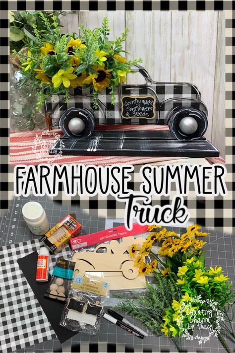 Farmhouse Summer Truck ~ {Country Charm} by Tracy Truck Crafts, Wooden Truck, Dollar Store Diy Projects, Farmhouse Crafts, Diy Crafts For Adults, New Home Decor, Diy Dollar Tree Decor, Dollar Tree Decor, Dollar Tree Diy Crafts