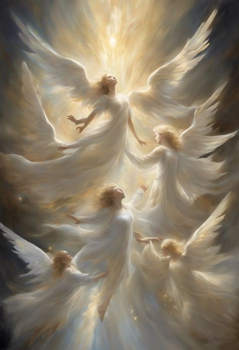 Celestial Dance of Light Check more at https://paintlyx.com/celestial-dance-of-light/ Angels Dancing, 3 Angels, Celestial Angel, Celestial Painting, Celestial Angel Aesthetic, Renesance Angel, Heavenly Angels Art, Angle Paintings Angel Art, Angel Baby Painting