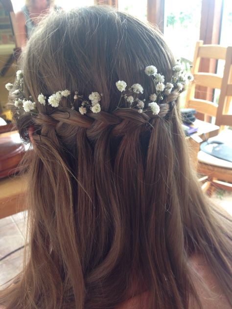 Bridesmaid hair with waterfall plait and gypsophila Waterfall Plait, Beach Bridesmaid Hair, Bridesmaid Hair Side, Bridemaids Hairstyles, Gypsophila Wedding, Trendy Bridesmaids, Wedding Hairstyles Bridesmaid, Engagement Hairstyles, Bridesmaid Hair Long