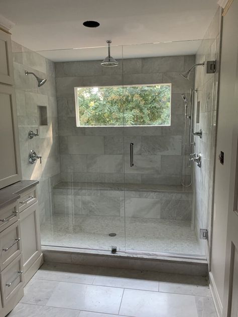 Glass Shower With Window, Shower For Master Bath, Shower Glass Frameless, Towel Storage In Shower, Showers Next To Windows, Window In The Shower Ideas, Bathroom Windows In Shower Ideas, Walk In Showers With Glass Doors, Walkin Shower With Window Ideas