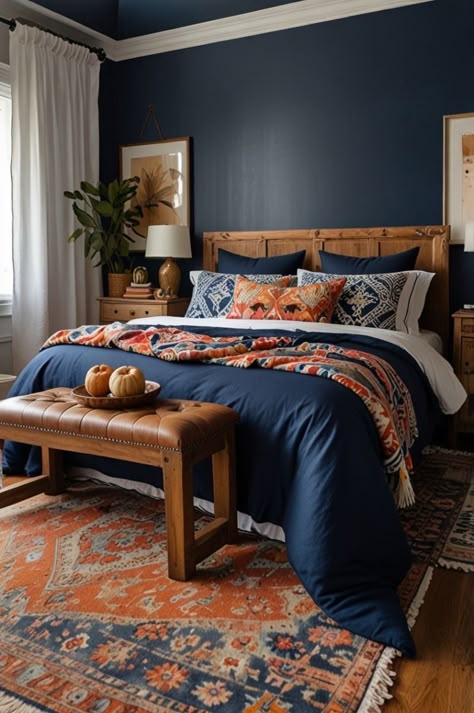 Navy Blue Boho Bedroom, Midnight Blue Bedroom, Blue Boho Bedroom Ideas, Blue Boho Bedroom, Royal Blue Bedrooms, Navy Bedrooms, Dark Blue Bedrooms, Navy Blue Bedrooms, Blue Bedrooms