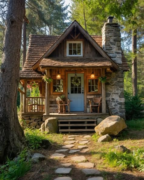 Cozy Wood House Aesthetic, Cabins And Cottages In The Woods, Cozy Cabin Exterior, Small Mountain Cottage, Cabin House Exterior, Cottage In The Woods Aesthetic, Cottage Style Homes Exterior, Cozy Cottage In The Woods, Rustic Cabin In The Woods