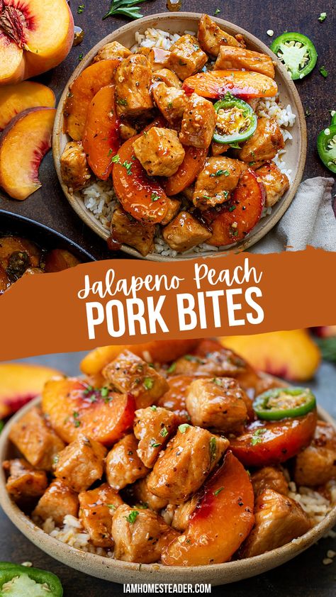 Jalapeno pork bites on a brown plate, with extra peaches and jalapenos. Pork Peaches Recipe, Peach Recipes Savory, Pork Menu, Honey Pork Chops, Peach Pork Chops, Peach Glaze, Peach Chicken, Pork Bites, Crockpot Pork Chops