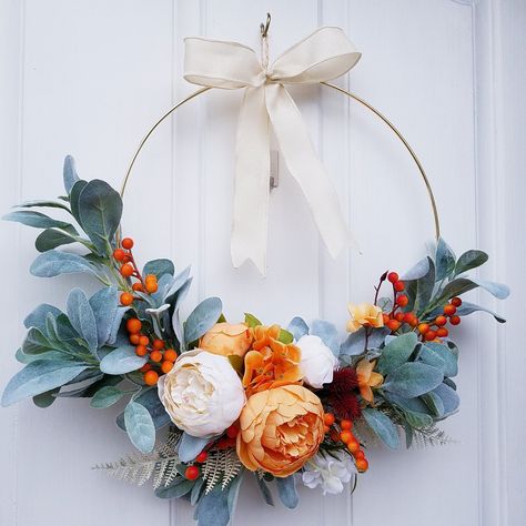 Orange Peonies, Floral Hoop Wreath, Ring Wreath, Window Wreath, Orange Wreath, Modern Wreath, Door Wreaths Diy, Fall Door Decorations, Floral Hoops