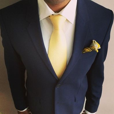 Navy COS suit, white Charles Tyrwhitt shirt, bespoke light yellow tie, navy and yellow printed Monsieur Fox pocket square Navy Suit Combinations, Dark Blue Tux, Blue Tux, Navy Tuxedos, Navy Suits, Charles Tyrwhitt Shirt, Dark Blue Suit, Suit Combinations, Cute Homecoming Dresses