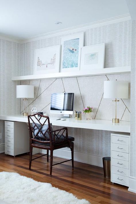 Chic home office features a wall clad in Thibaut Ikat Wallpaper lined with a wall to wall floating shelf accented with art from Minted. Ikea Lack Shelves, Shelf Desk, Floating Desk, Office Guest Room, Craft Room Office, Built In Desk, Home Office Space, Floating Shelf, Desk Design