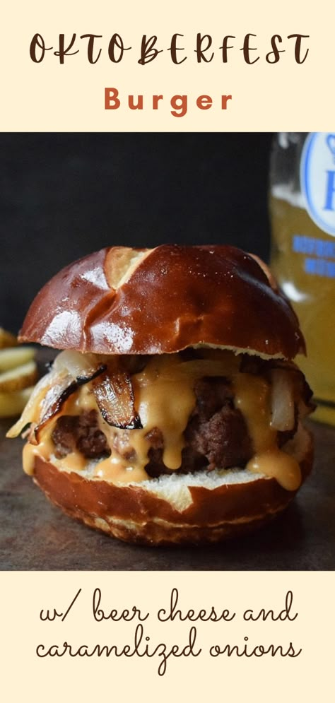 Even though Oktoberfest is canceled, you can still celebrate with delicious German food. Full of bratwurst, beer cheese, and soft pretzel goodness, these burgers are bound to make your taste buds go wild and take a trip to Germany. #kneadmorefood #oktoberfestrecipes #oktoberfest #oktoberfestfood #bratwurstburger #beercheese #oktoberfestburgerrecipes #oktoberfestmeals #beercheeserecipes #bratwurstburgerrecipes #burgerideas #fallrecipes #germanrecipes #germanmeals #beercheeseburgers #pretzelbuns Bratwurst Sandwich Recipes, Halloween Themed Burgers, German Burgers Recipes, Vegan Oktoberfest Food, German Sandwich Recipes, German Oktoberfest Food, October Fest Party Ideas Food, Fall Burger Recipes, October Fest Recipes