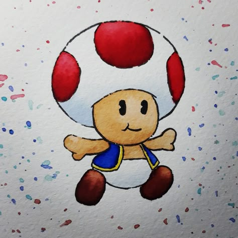 Watercolor Mario Bros, Mario Kart Drawing Easy, Toad Art Mario, Mario Toad Drawing, Toad Painting Mario, Cute Mario Drawing, How To Draw Mario Step By Step, Toad Drawing Mario, Mario Kart Drawing