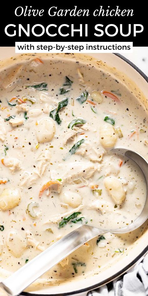 If you love chicken and gnocchi soup at Olive Garden, you are going to LOVE LOVE LOVE this recipe. This homemade version tastes even better than the popular chain restaurant and comes together all in one pot in less than 30 minutes! It's filled with shredded chicken, pillowy gnocchi, and tender veggies in a super creamy, herb-filled broth. Creamy Chicken Gnocchi Soup, Creamy Chicken Gnocchi, Chicken Gnocchi Soup Recipe, Olive Garden Chicken Gnocchi, Gnocchi Recipes Soup, Chicken Gnocchi Soup Olive Garden, Chicken Gnocchi, Creamy Chicken Soup, Chicken Gnocchi Soup