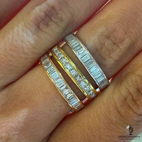 18k wedding bands channel set with princes cut diamonds, baguette diamonds and emerald cut diamonds Chanel Set Baguette Band, Emerald Channel Set Ring, Wedding Band Baguette Diamond, Baguette Wedding Band With Emerald Ring, Emerald Cut Wedding Set Stack, Emerald Baguette Wedding Band, Chanel Set Wedding Band, Emerald Cut Wedding Band, Chanel Wedding