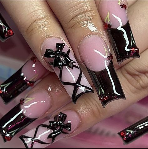 Nails Cherry Blossom, Cherry Corset, Corset Nails, Nail Pearls, Nails Cherry, Nails Coquette, Bow Nail, Punk Nails, Nail Jewels