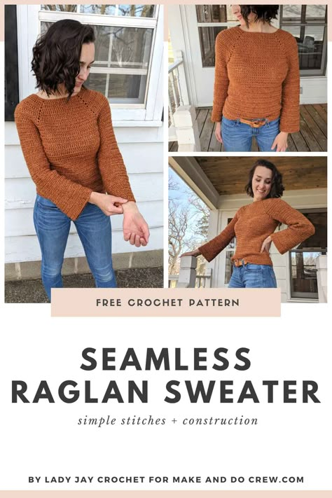 New on Make & Do Crew from Lady Jay Crochet: This easy crochet raglan sweater pattern will add a flattering pullover to your handmade wardrobe. Worked with simple stitches and seamless construction, this is quick worsted weight project using the ever popular ever-popular Lion Brand Jeans Yarn. Free pattern + step-by-step tutorial! #makeanddocrew #crochetraglansweater #topdowncrochetsweater Crochet Raglan Sweater Pattern, Jay Crochet, Crochet Raglan Sweater, Raglan Sweater Pattern, Pullover Sweaters Pattern, Crochet Sweater Free, Make And Do Crew, Crochet Sweater Pattern Free, Crochet Jumper