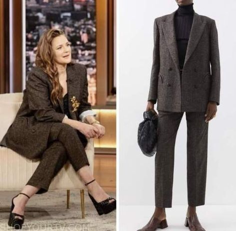 Drew Barrymore Show: October 2022 Drew Barrymore's Wool Double Breasted Blazer and Pant Suit Drew Barrymore Style Casual, Drew Barrymore Style, Drew Barrymore Show, John Barrymore, Where To Buy Clothes, Drew Barrymore, October 2022, Pant Suit, Fashion Tv