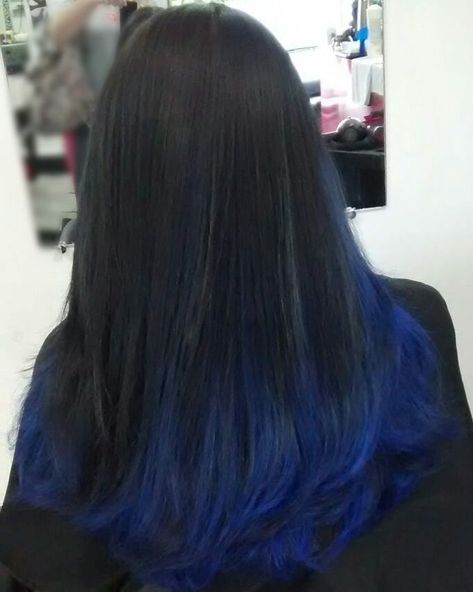 Black Hair With Blue Tips Ombre, Black Hair Blue Ombre, Blue Bolyoge Hair, Dark Blue Ends Hair, Dark Brown Hair With Blue Tips, Blue Ombre Hair Straight, Blue Hair Ends Dip Dyed, Blue Ends On Black Hair, Black Hair With Blue Ends