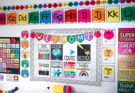 Watercolor Theme Classroom, Elementary Classroom Themes Colorful, Art Theme Classroom, Primary Color Classroom Theme, Primary Color Classroom, Confetti Themed Classroom, Prek Classroom Themes, Colorful Classroom Theme, Watercolor Bulletin Board