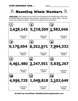 Have your students practice rounding whole numbers with this fun Kagan strategy activity. Students stay active as they walk around and find partners to solve each problem. Each partner can only solve one problem on each person's paper, so students stay engaged throughout the activity.  Concepts included: -Rounding whole numbers to the millions place value.  Three "Find Someone Who..." activities are included.  1) 5-digit numbers 2) 6-digit numbers 3) 7-digit numbers Rounding Numbers Activities, Rounding Off Numbers, Rounding Whole Numbers, Rounding Numbers, Whole Numbers, Number Activities, 4th Grade Math, Place Values, Place Value