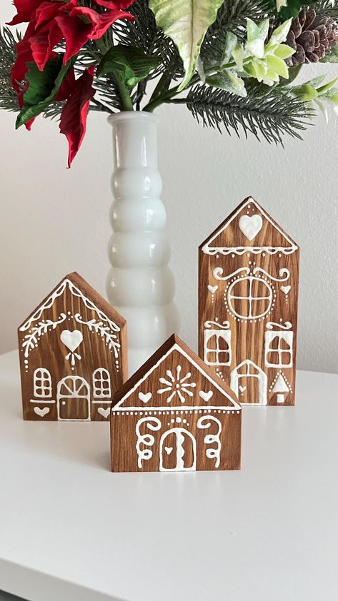 Handmade Wooden Set of 3 Gingerbread Christmas House Decorations , Christmas Village,| Festive Ornament Add a touch of handcrafted charm to your holiday décor with this delightful **handmade wooden Christmas  gingerbread house decoration**. Each piece is lovingly crafted from natural wood, designed to resemble the whimsical details of a traditional gingerbread house and festive Christmas tree. **Features - Made from **natural wood ** perfect for seasonal use year after year - Hand-painted with * Gingerbread House Christmas Ornaments, Wooden House Christmas Village, Wooden Gingerbread House Ideas, Gingerbread House Tree Decorations, Gingerbread House Mantle Decor, Wood Block Gingerbread House, Wooden House Decoration Christmas, Wooden Christmas Houses Craft, Handmade Wooden Christmas Gifts