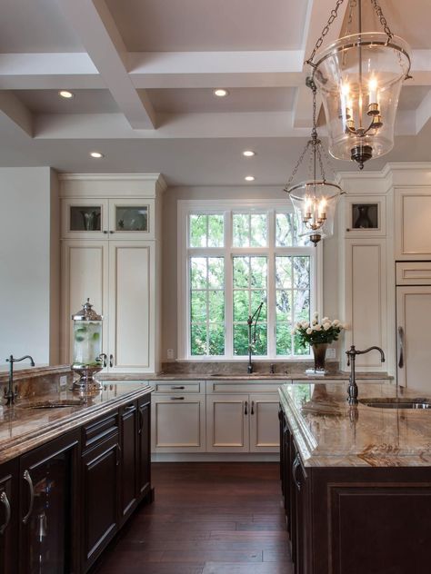 Coffered Ceiling Kitchen, Nice Kitchens, White Transitional Kitchen, Coffered Ceiling Design, Ceiling Kitchen, Glass Candle Lantern, Farmhouse Ceiling Fan, Cherry Cabinets, Kitchen Ceiling