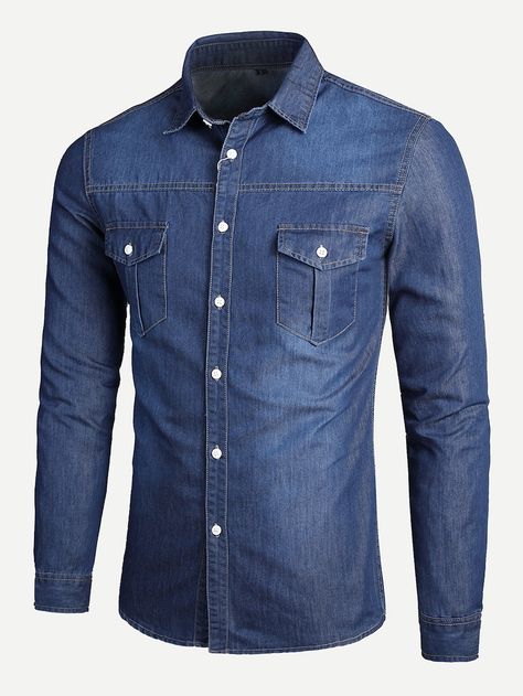 Men Solid Denim Shirt -SheIn(Sheinside) Jean Shirts For Men, Jean Shirt Outfits, Denim Shirt Outfit, Casual Dress Shirt Men, Short Sleeve Denim Shirt, Fitted Denim Shirt, Casual Denim Shirt, Shein Men, Chambray Denim Shirt