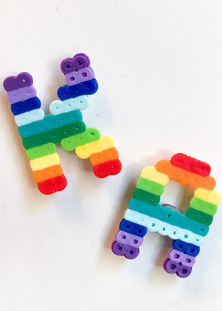 DIY Perler Bead Magnet Letters Kid Made Gift Craft Iron Beads Letters, Perler Letters, Magnet Letters, Easy Perler Bead Patterns, Fusion Beads, Diy Perler Bead Crafts, Diy Rainbow, Magnetic Letters, Melty Beads