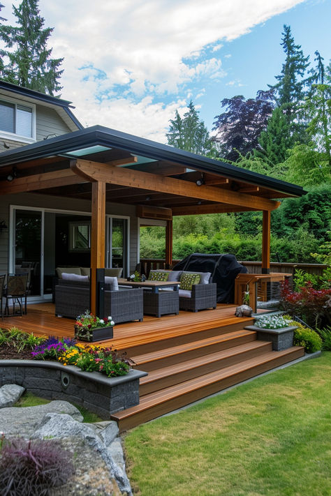 Modern Covered Deck designs with Flat Roofs Deck Connected To Patio, Outdoor Patio Ideas Covered, Covered Deck Attached To House, Under The Deck Ideas, Decks With Pergola, Open Deck Ideas, Covered Deck Off Back Of House, Deck With Roof Ideas, Deck Ideas Off Back Of House