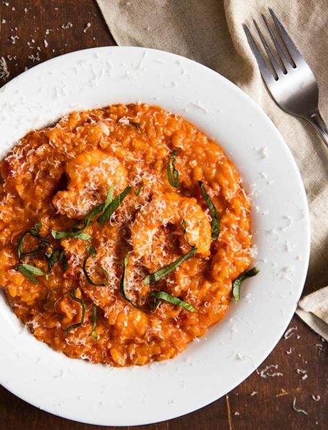 Shrimp Risotto, Seafood Risotto, Tomato Risotto, Arborio Rice, Tomato Sauce Recipe, Pescatarian Recipes, Risotto Recipes, Serious Eats, Basil Leaves