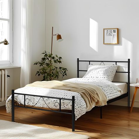 PRICES MAY VARY. Simple design single bed: The overall dimensions include length: 197 centimeters, width: 91.5 centimeters, and height: 88.5 centimeters. This single bed is suitable for mattresses in the size of 190X90CM. Underbed storage space: This metal single bed has a total of 28 centimeters of space under the bed frame, providing ample storage space for additional miscellaneous items, making it perfect for storing and organizing your luggage, clothes, bags, shoes, and more. Buckle structure: This metal single bed adopts a buckle structure. The unique design of bed beam and bed board can make the connection more secure. When you need to move the single bed, just loosen the screws to store the single bed for reinstallation. Silent Sleep: This metal single bed comes with a headboard and Design Of Bed, Metal Single Bed, Bed Metal Frame, Bed Board, Bed Boards, Bed Metal, Easy Frame, Underbed Storage, Student Dormitory