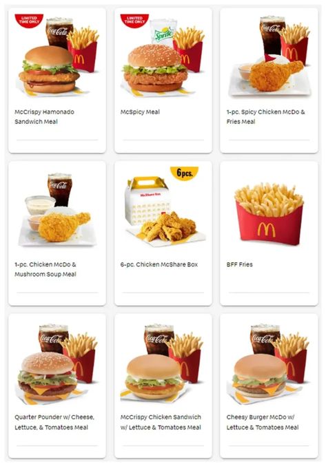 Mcdo Menu Philippines, Bloxburg Mcdonalds, Mcdo Food, Veggie Chicken Salad, Mcdo Menu, Salad Honey Mustard, Eggnog Shake, Sausage Mcmuffin, Vegan Mcdonalds