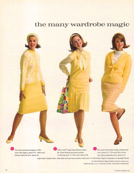 1960s Fashion Women, 60s Clothing, Vintage Clothes Patterns, Yellow Outfits, 1960 Fashion, 1960s Outfits, 60s And 70s Fashion, Seventies Fashion, Print Advertisement