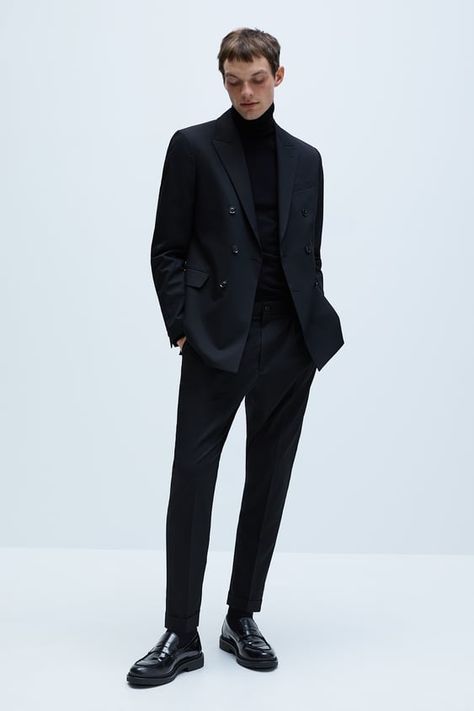 Double Breasted Blazer Men, Black Double Breasted Suit, Double Breasted Suit Men, Black Blazer Outfit, Zara Suits, Black Outfit Men, Turtle Neck Men, Black Suit Men, Costume Noir