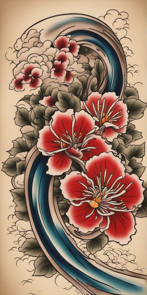 A vibrant, traditional Japanese tattoo design showcases intricate details and colors on a blank canvas. It features iconic elements from Japanese folklore and nature, beautifully depicted through a unique mastery of color and line art. Japanese Garden Design Tattoo, Traditional Japanese Water Tattoo, Tattoo Japanese Flower, Traditional Japanese Flower Tattoo, Japanese Flower Tattoo Design, Japanese Tattoo Art Traditional, Japanese Water Tattoo, Lilly Tattoo Design, Japanese Forearm Tattoo