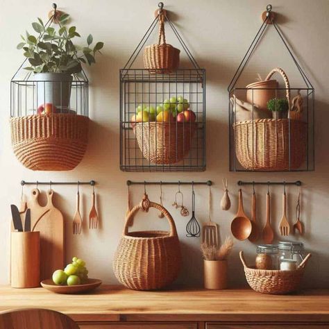 Kitchen Wall Storage Ideas, Diy Basket Wall, Storage Walls, Wall Storage Ideas, Wall Mounted Kitchen Storage, Kitchen Wall Storage, Kitchen Wall Hangings, Wall Hanging Storage, Kitchen Storage Ideas