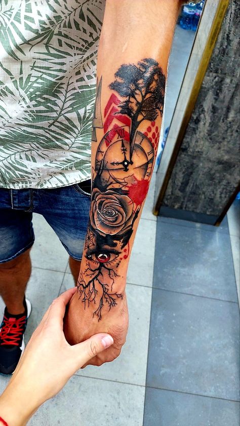 Forearm Colored Tattoo For Men, Polka Trash Tattoo, Trash Polka Art, Compass And Map Tattoo, Tatuaje Trash Polka, Inside Of Arm Tattoo, Meaningful Tattoos For Men, Butterfly Tattoos Images, Trash Polka Tattoo Designs