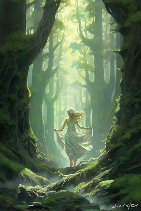 In this mesmerizing illustration, the dryad gracefully steps from the darkness of the forest into the gentle, golden light that filters through the foliage. Her form, a harmonious blend of nature and magic, symbolizes the delicate balance between shadow and illumination, capturing a scene that resonates with the human journey of self-discovery and growth. Available as an instant download printable image through my Etsy Store Fae Photoshoot, Magical Forest Illustration, Dancing In The Forest, Forest Fae, Spirit Of The Forest, Forest Drawing, Forest Light, Random Aesthetic, Forest Illustration