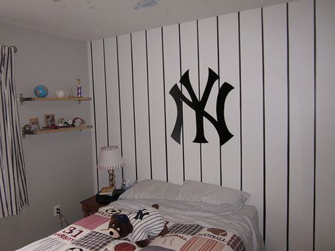 Yankee room for my son. Yankees Nursery, Yankee Bedroom, Baseball Furniture, Baseball Themed Bedroom, Baseball Room Decor, Kids Bathroom Ideas Shared, Baseball Bedroom, Baseball Room, Man Cave Room