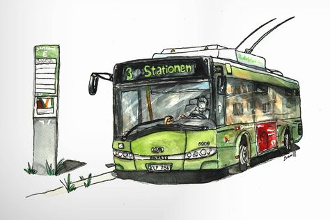 I painted my local bus! : Watercolor Bus Watercolor, Narrative Drawing, Transport Illustration, Bus Drawing, Bus Cartoon, Arch Sketch, Memory Drawing, Bus Art, Perspective Sketch