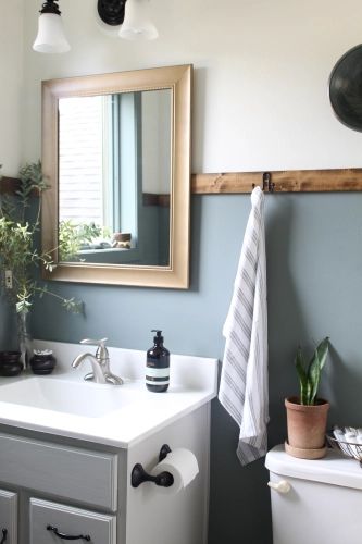 A $0 Bathroom Makeover  Transformation! Basement Bathroom Paint Ideas, Industrial Bathroom Paint Colors, Small Bathroom Repaint, Bathroom Color For Small Bathroom, Dual Color Bathroom Walls, Blue Wall Bathroom Ideas Paint, Bathroom Decor Dark Blue, Blue Bathroom Board And Batten, Light Blue And Gray Bathroom