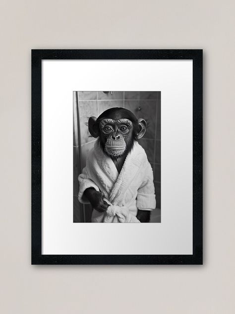 "Monkey Wearing a Bathrobe in the Bathroom" Framed Art Print for Sale by CheekyAnimalz Monkey Bathroom, Bathroom Animal Art, Monkey Bedroom, Jungle Nursery Art Monkey, Funny Bathroom Art, Bathroom Humor, Bathroom Redo, Bathroom Art, Animal Wall Art