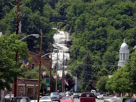 Main Street, Montour Falls-the opening scene of Aurora Teagarden movies Montour Falls New York, Montour Falls, Camping With Family, Aurora Teagarden, Ideas For Camping, Hallmark Mysteries, Waterfall Pictures, Opening Scene, Travel Trailer Camping