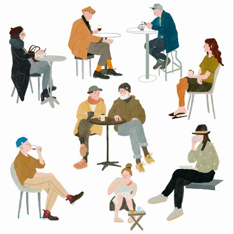 People in a cafe, illustration, Character Design 2d People Illustration, People Working Together Illustration, Cafe Character Design, People Illustration Architecture, Different People Illustration, Parents Character Design, People Illustration Simple, Cafe With People, People At Cafe