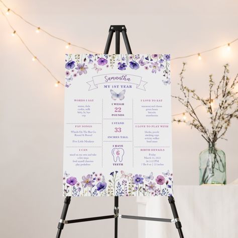 First Year Milestone Board, First Year Birthday, Milestone Board, Purple Wildflowers, One Year Birthday, Birthday Milestone, Milestone Birthdays, Foam Board, Diy Business