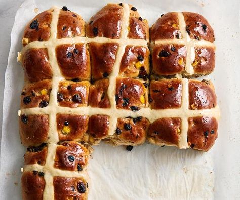 We tested three version from three cookbooks, and combined them to create our ultimate recipe. Bun Recipes, Cross Buns Recipe, Caramel Pears, Hot Cross Buns Recipe, Hot Cross Bun, Buns Recipe, Candied Orange Peel, Donna Hay, Easter Baking