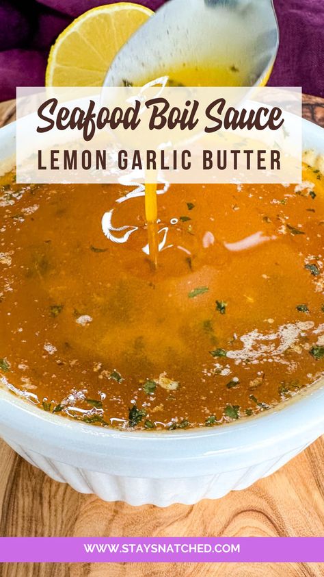 This ultimate Seafood Boil Sauce is perfect for shrimp, crab, crawfish, and more. This buttery rich, flavorful blend combines the perfect balance of Old Bay Seasoning, parsley, lemon, and garlic to elevate your spread to the next level. Lemon Pepper Seafood Boil Sauce, Shrimp Boil Butter Sauce Recipe, Crawfish Boil Sauce, Easy Seafood Boil Sauce, Seafood Boil Butter Sauce Recipe, Crab Boil Sauce Garlic Butter, Sauce For Seafood Boil, Crab Boil Sauce, Seafood Boil Seasoning Recipe