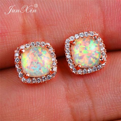 Online Shop Boho Women Ladies White Fire Opal Earrings 18KT Rose Gold Filled Jewelry Vintage Double Zircon Wedding Stud Earrings | Aliexpress Mobile Wedding Earrings Vintage, Wedding Earrings Studs, Fire Opal Earrings, Vintage Wedding Jewelry, Wedding Studs, Crystal Stud Earrings, Square Earrings, Opal Earrings, Rose Earrings