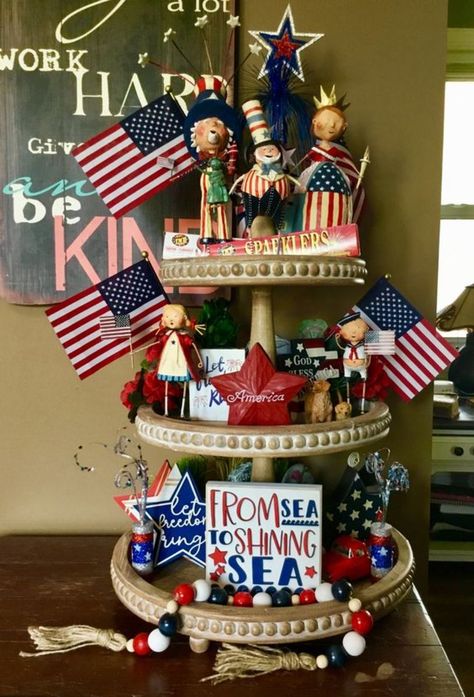 Let's go red, white and blue for the 4th of July with these Patriotic Tiered Tray Decor Ideas. Three Tiered Tray, Tiered Tray Decor Ideas, Patriotic Tiered Tray Decor, Tray Decor Ideas, Patriotic Tiered Tray, Fourth Of July Decorations, Tier Trays, 4th July Crafts, Tiered Tray Diy